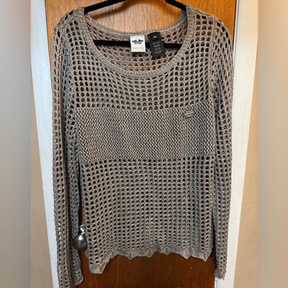 Harley Davidson Womens 2X tan Crochet‎ Open Knit Cover Up Long Sleeve Top Logo